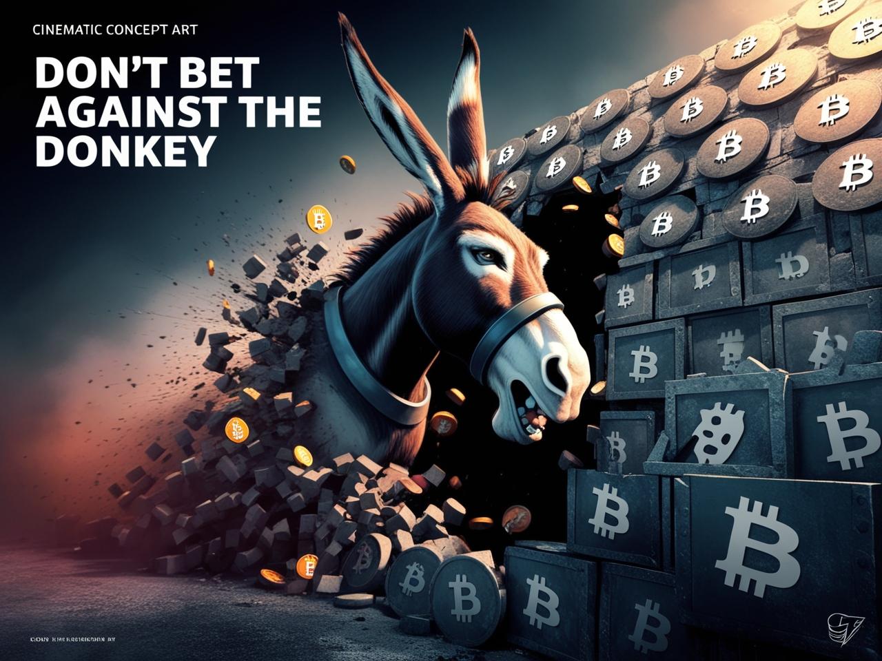 Don't Bet Against the Donkey — AI donkey smashing Bitcoin wall
